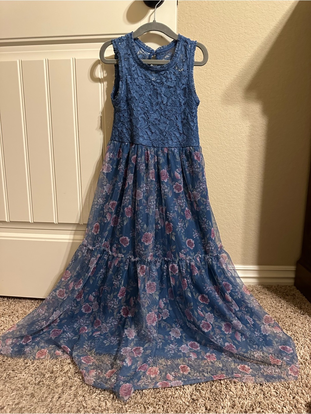 Zhenzi Blue Floral Lace Tiered Chiffon Dress for Girls